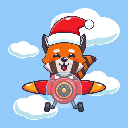 Téléchargez les illustrations : Mignon panda rouge portant le chapeau de Père Noël volant avec l'avion. Jolie illustration de personnage de dessin animé de Noël. - en licence libre de droit