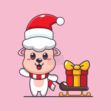 Téléchargez les illustrations : Mignon mouton portant boîte cadeau de Noël. Jolie illustration de personnage de dessin animé de Noël. - en licence libre de droit