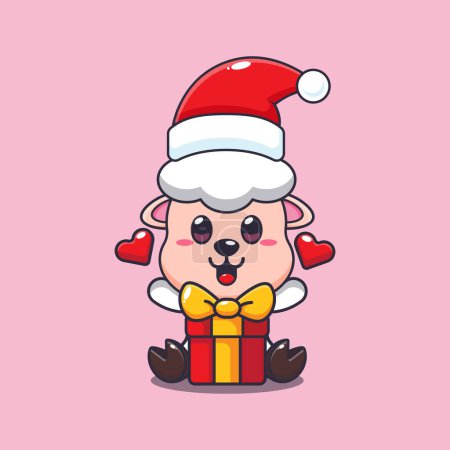 Téléchargez les illustrations : Mignon mouton avec cadeau de Noël. Jolie illustration de personnage de dessin animé de Noël. - en licence libre de droit