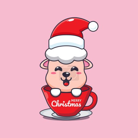 Illustration for Cute sheep wearing santa hat in cup. Cute christmas cartoon character illustration. - Royalty Free Image