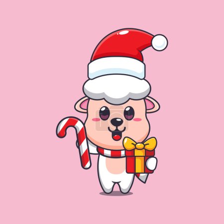 Illustration for Cute sheep holding christmas candy and gift. Cute christmas cartoon character illustration. - Royalty Free Image