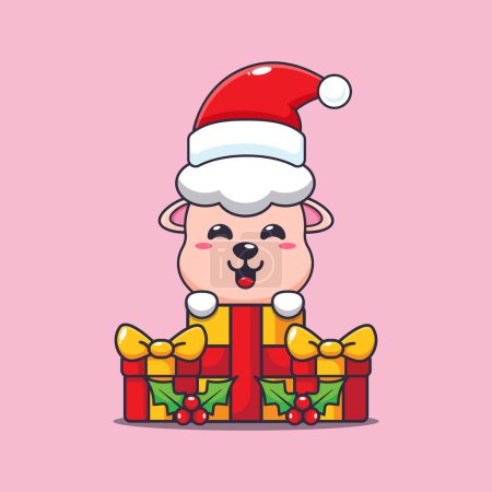 Illustration for Cute sheep happy with christmas gift. Cute christmas cartoon character illustration. - Royalty Free Image