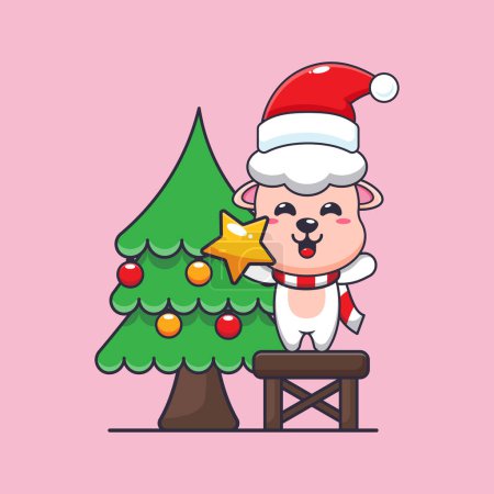 Ilustración de Bonita oveja tomando estrella del árbol de navidad. Lindo personaje de dibujos animados de Navidad ilustración. - Imagen libre de derechos