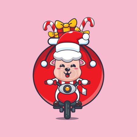Illustration for Cute sheep carrying christmas gift with motorcycle. Cute christmas cartoon character illustration. - Royalty Free Image
