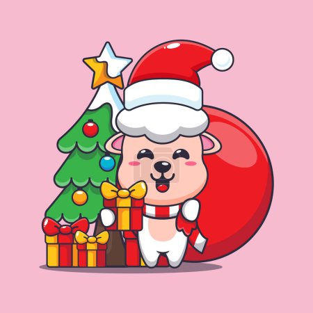 Illustration for Cute sheep carrying christmas gift. Cute christmas cartoon character illustration. - Royalty Free Image