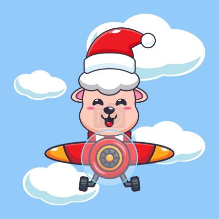 Téléchargez les illustrations : Mignon mouton portant santa chapeau volant avec avion. Jolie illustration de personnage de dessin animé de Noël. - en licence libre de droit