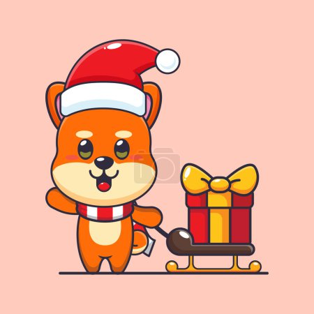 Illustration for Cute shiba inu carrying christmas gift box. Cute christmas cartoon character illustration. - Royalty Free Image