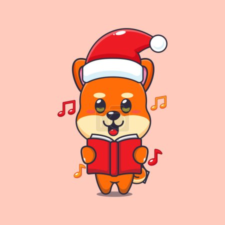 Téléchargez les illustrations : Mignon shiba inu chanter une chanson de Noël. Jolie illustration de personnage de dessin animé de Noël. - en licence libre de droit