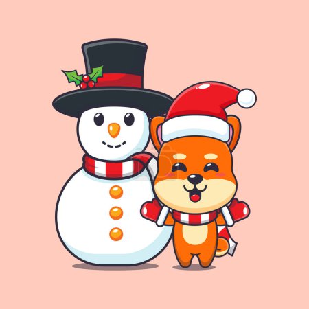 Illustration for Cute shiba inu playing with Snowman. Cute christmas cartoon character illustration. - Royalty Free Image