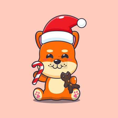 Illustration for Cute shiba inu eating christmas cookies and candy. Cute christmas cartoon character illustration. - Royalty Free Image