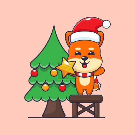 Illustration for Cute shiba inu taking star from christmas tree. Cute christmas cartoon character illustration. - Royalty Free Image