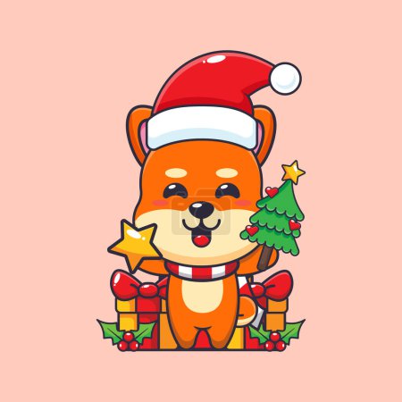 Ilustración de Lindo shiba inu celebración estrella y árbol de Navidad. Lindo personaje de dibujos animados de Navidad ilustración. - Imagen libre de derechos