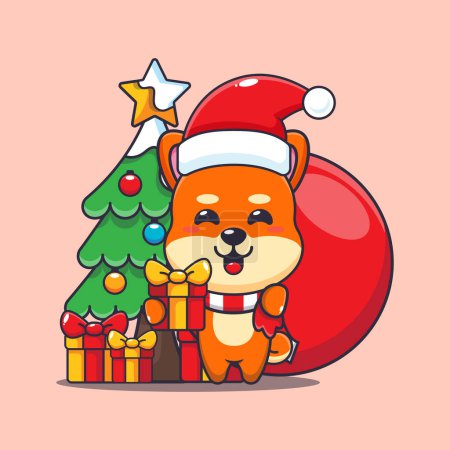 Illustration for Cute shiba inu carrying christmas gift. Cute christmas cartoon character illustration. - Royalty Free Image