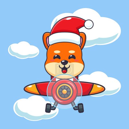 Téléchargez les illustrations : Mignon shiba inu portant le chapeau de Père Noël volant avec l'avion. Jolie illustration de personnage de dessin animé de Noël. - en licence libre de droit