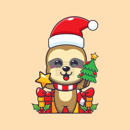 Illustration for Cute sloth holding star and christmas tree. Cute christmas cartoon character illustration. - Royalty Free Image