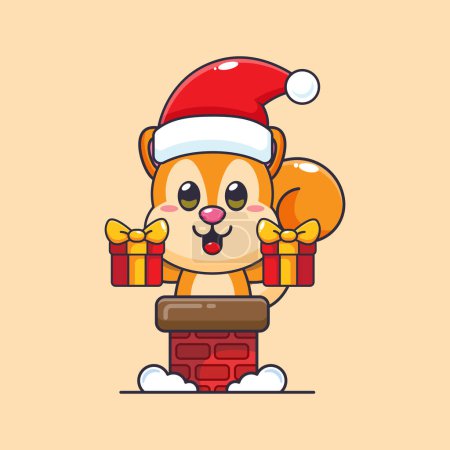 Téléchargez les illustrations : Joli écureuil avec chapeau de Père Noël dans la cheminée. Jolie illustration de personnage de dessin animé de Noël. - en licence libre de droit