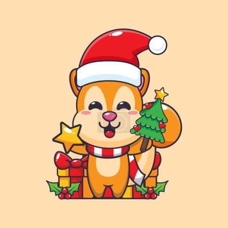 Illustration for Cute squirrel holding star and christmas tree. Cute christmas cartoon character illustration. - Royalty Free Image