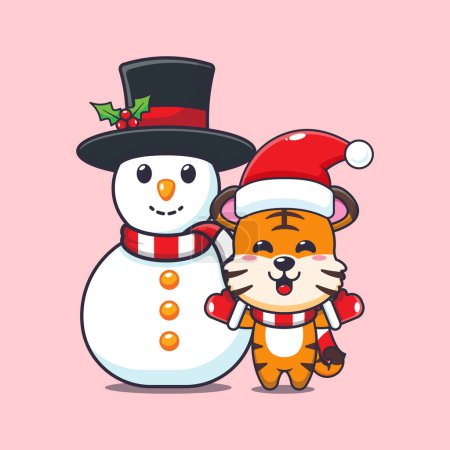 Téléchargez les illustrations : Mignon tigre jouer avec bonhomme de neige. Jolie illustration de personnage de dessin animé de Noël. - en licence libre de droit
