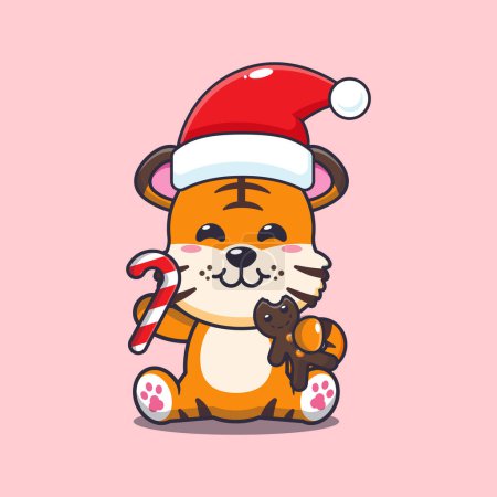 Illustration for Cute tiger eating christmas cookies and candy. Cute christmas cartoon character illustration. - Royalty Free Image