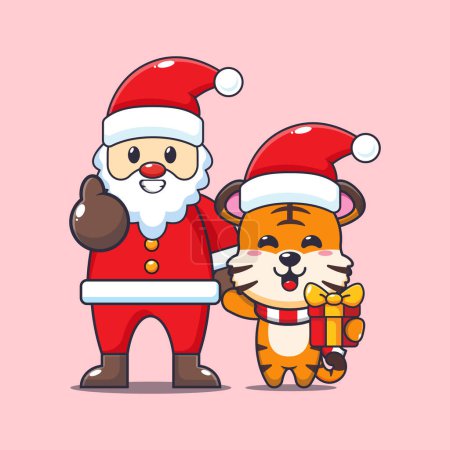Illustration for Cute tiger with santa claus. Cute christmas cartoon character illustration. - Royalty Free Image