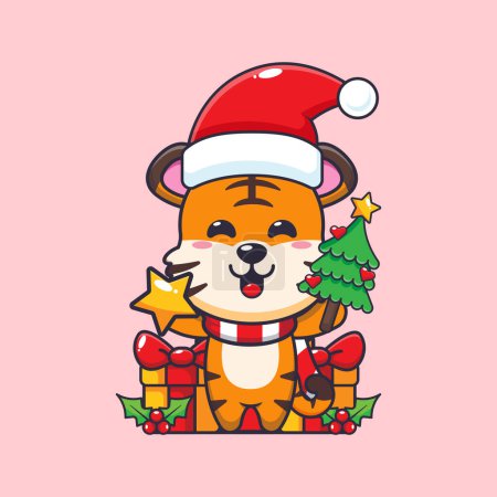 Illustration for Cute tiger holding star and christmas tree. Cute christmas cartoon character illustration. - Royalty Free Image