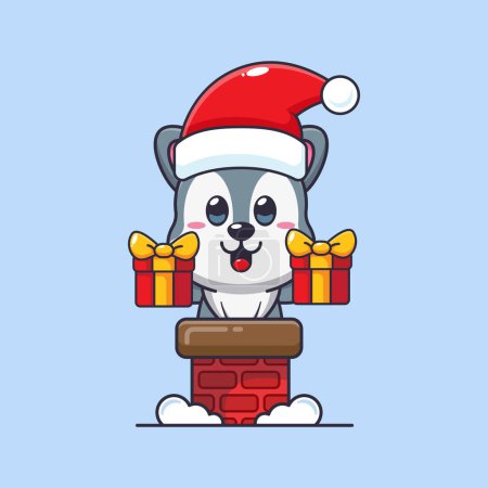 Illustration for Cute wolf with santa hat in the chimney. Cute christmas cartoon character illustration. - Royalty Free Image