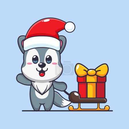 Téléchargez les illustrations : Mignon loup portant boîte cadeau de Noël. Jolie illustration de personnage de dessin animé de Noël. - en licence libre de droit