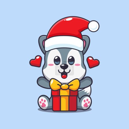 Illustration for Cute wolf with christmas gift. Cute christmas cartoon character illustration. - Royalty Free Image