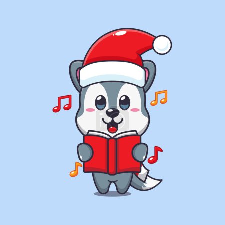 Illustration for Cute wolf sing a christmas song. Cute christmas cartoon character illustration. - Royalty Free Image