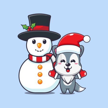 Téléchargez les illustrations : Mignon loup jouant avec bonhomme de neige. Jolie illustration de personnage de dessin animé de Noël. - en licence libre de droit