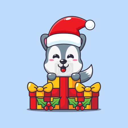 Illustration for Cute wolf happy with christmas gift. Cute christmas cartoon character illustration. - Royalty Free Image