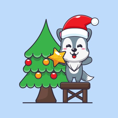 Illustration for Cute wolf taking star from christmas tree. Cute christmas cartoon character illustration. - Royalty Free Image