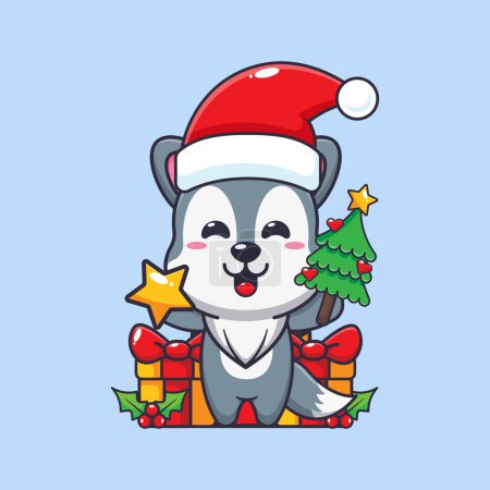 Illustration for Cute wolf holding star and christmas tree. Cute christmas cartoon character illustration. - Royalty Free Image