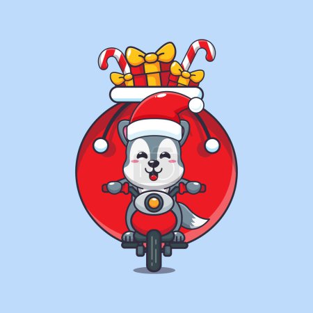 Téléchargez les illustrations : Mignon loup portant cadeau de Noël avec moto. Jolie illustration de personnage de dessin animé de Noël. - en licence libre de droit