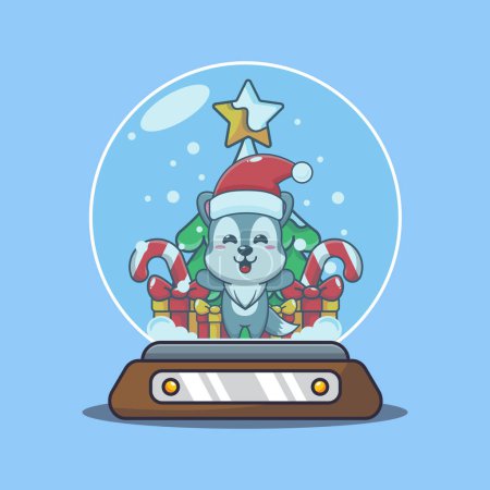 Illustration for Cute wolf in snow globe. Cute christmas cartoon character illustration. - Royalty Free Image