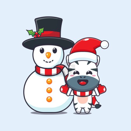 Téléchargez les illustrations : Joli zèbre jouant avec bonhomme de neige. Jolie illustration de personnage de dessin animé de Noël. - en licence libre de droit