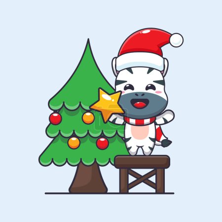 Téléchargez les illustrations : Joli zèbre prenant étoile de l'arbre de Noël. Jolie illustration de personnage de dessin animé de Noël. - en licence libre de droit