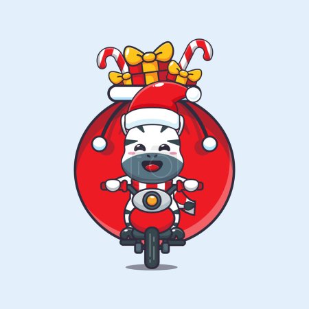 Téléchargez les illustrations : Mignon zèbre portant cadeau de Noël avec moto. Jolie illustration de personnage de dessin animé de Noël. - en licence libre de droit