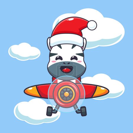 Ilustración de Linda cebra con sombrero de santa volando con avión. Lindo personaje de dibujos animados de Navidad ilustración. - Imagen libre de derechos