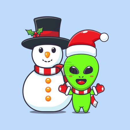 Téléchargez les illustrations : Joli alien jouant avec Snowman. Jolie illustration de personnage de dessin animé de Noël. - en licence libre de droit
