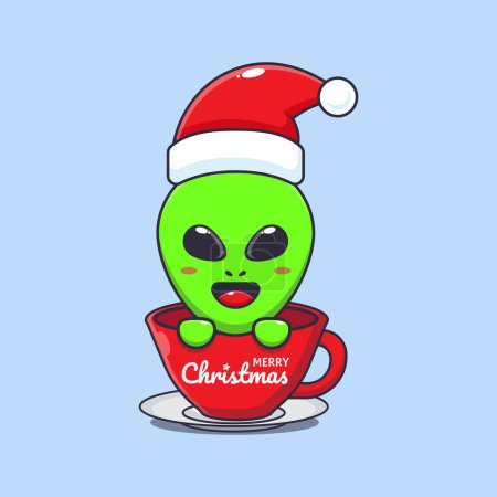 Téléchargez les illustrations : Mignon alien portant le chapeau de Père Noël dans la tasse. Jolie illustration de personnage de dessin animé de Noël. - en licence libre de droit