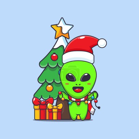 Téléchargez les illustrations : Mignon alien avec lampe de mât de Noël. Jolie illustration de personnage de dessin animé de Noël. - en licence libre de droit