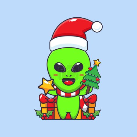 Illustration for Cute alien holding star and christmas tree. Cute christmas cartoon character illustration. - Royalty Free Image