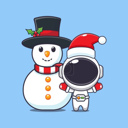 Téléchargez les illustrations : Joli astronaute jouant avec Snowman. Jolie illustration de personnage de dessin animé de Noël. - en licence libre de droit