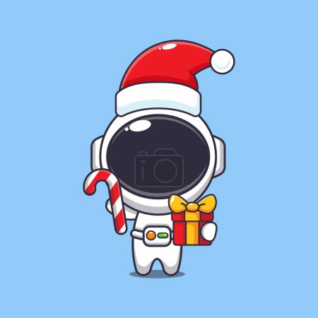Illustration for Cute astronaut holding christmas candy and gift. Cute christmas cartoon character illustration. - Royalty Free Image