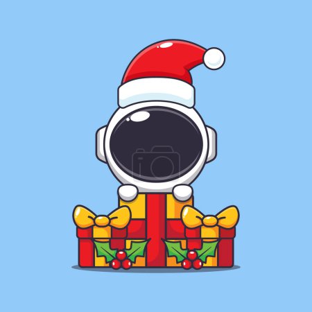 Ilustración de Lindo astronauta feliz con el regalo de Navidad. Lindo personaje de dibujos animados de Navidad ilustración. - Imagen libre de derechos