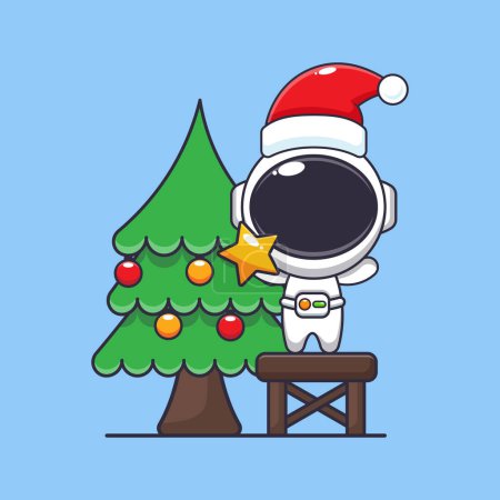 Illustration for Cute astronaut taking star from christmas tree. Cute christmas cartoon character illustration. - Royalty Free Image
