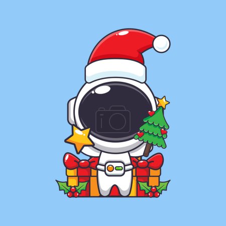 Téléchargez les illustrations : Mignon astronaute tenant étoile et arbre de Noël. Jolie illustration de personnage de dessin animé de Noël. - en licence libre de droit