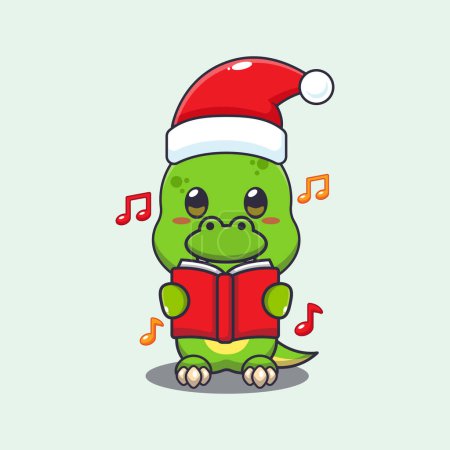 Illustration for Cute dino sing a christmas song. Cute christmas cartoon character illustration. - Royalty Free Image
