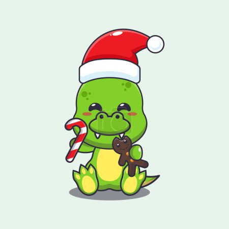 Illustration for Cute dino eating christmas cookies and candy. Cute christmas cartoon character illustration. - Royalty Free Image